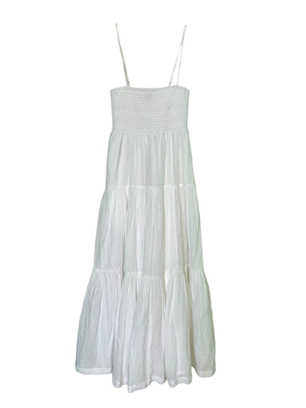American Eagle White Sundress Shirred Top Spaghetti Straps 3 Tier Midi Skirt NEW - Picture 2 of 14